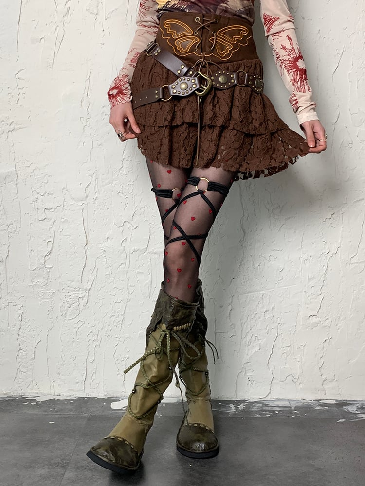 Red Black Heart Pattern Y2K Tights