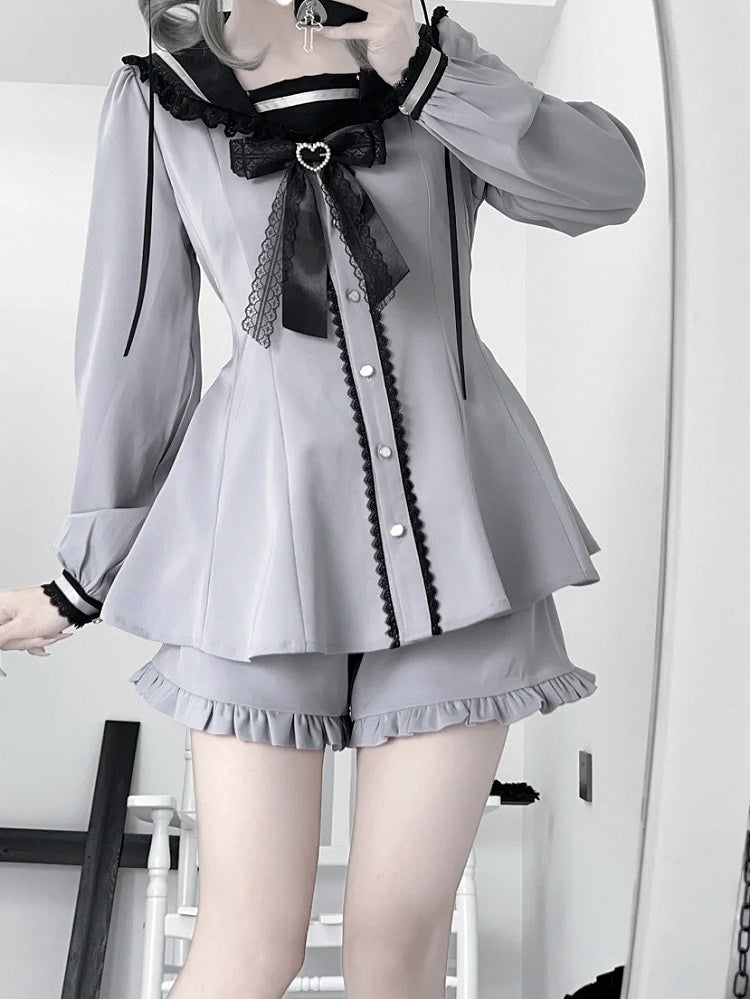 Back Purple Design Ears Tie Jirai Mini Dress + Ruffle Hem Shorts Set- + Bow Dusty Kei Sailor Collar Bunny