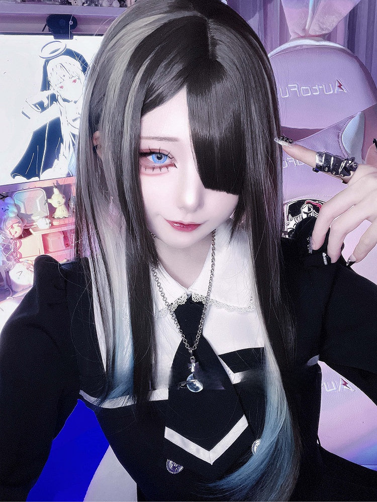 Color Brown 60CM Bangs Straight Ombre Blue Hair With And Wig Length