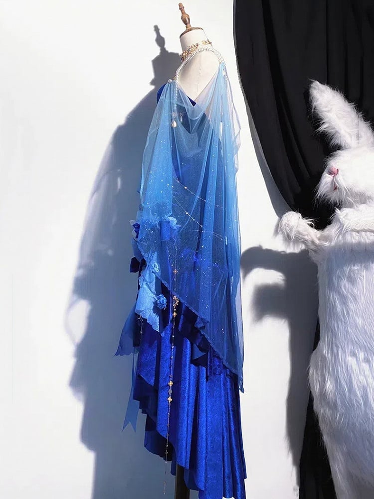 ディープシーブルーベルベットマーメイドスカートバックレスセイレンプロムドレスイブニングガウンBE001