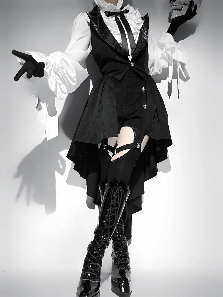 Black Blazer Lolita Prince Ouji Waistcoat Cascading Ruffle Collar Tailed