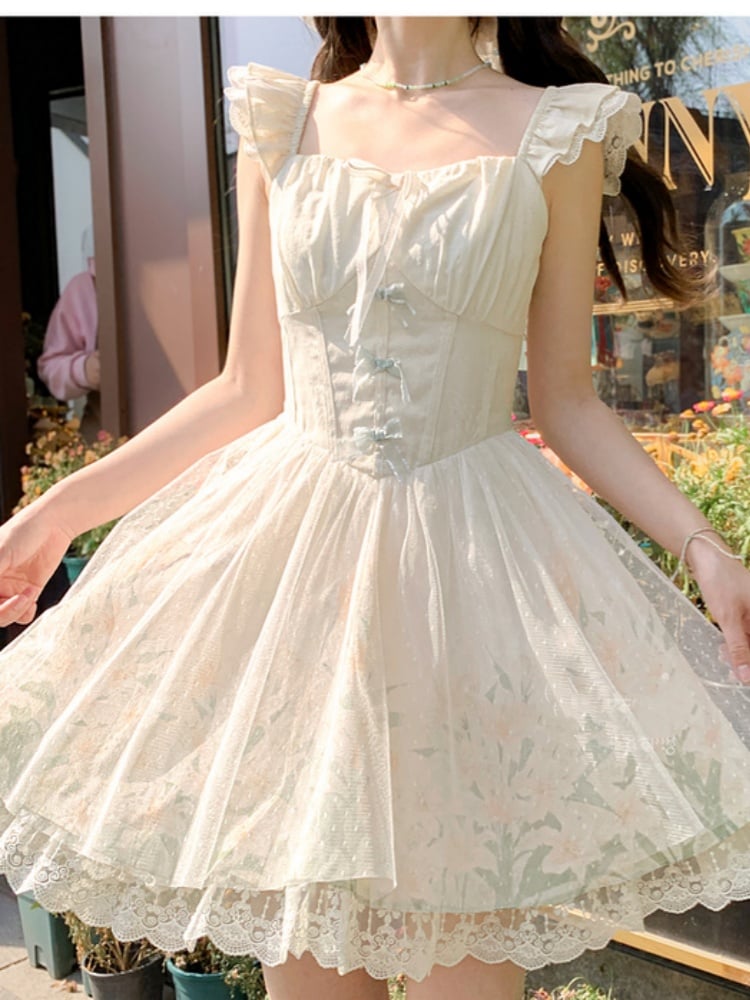 with Mesh Overlay Lily Print Dress Beige Flutter Sleeves Basque Waist