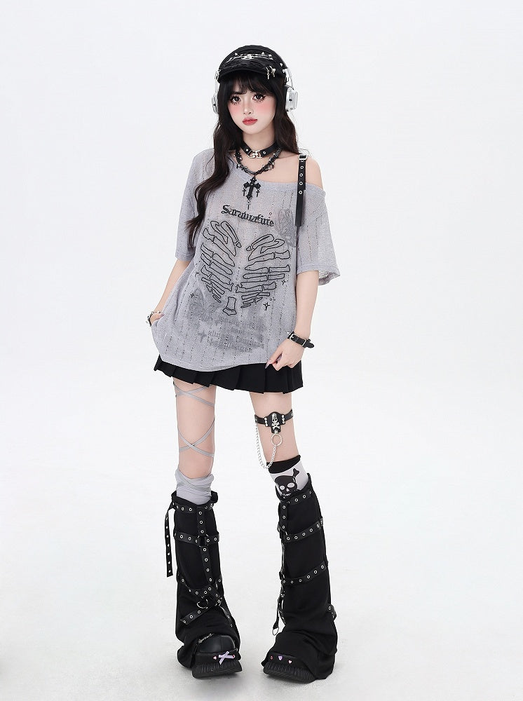 Y2K Asymmetrical Neckline Skeleton Heart Print Black/Gray/White T-Shirt