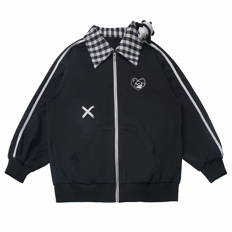 Jacke mit weißem/schwarzem Kragen und Panda-Plüschtier mit Herz-Panda-Stickerei und Karomuster