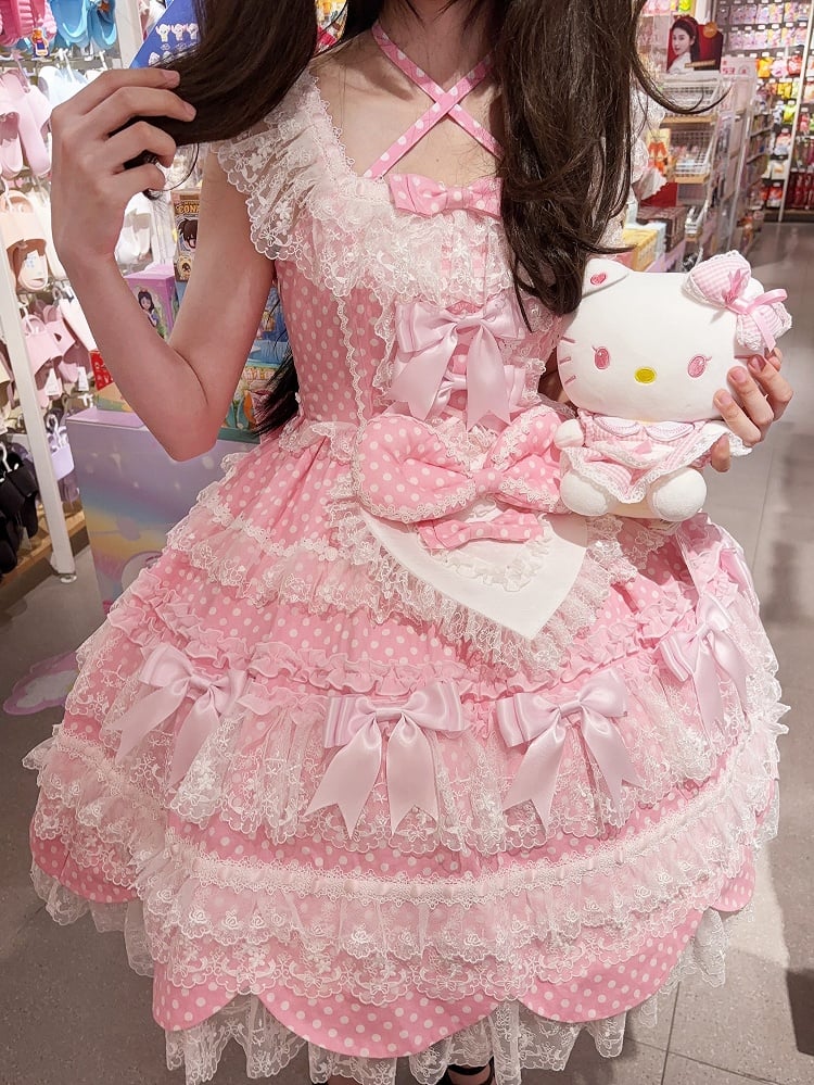 Pink Jumper Pattern Accents Skirt School Bow Dress Dots Sweet Polka Old Lolita