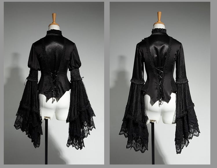 Neck Aristocrat Patched Fashion Lace Sleeves Black Shirt Ouji Bell Lolita Ruffled