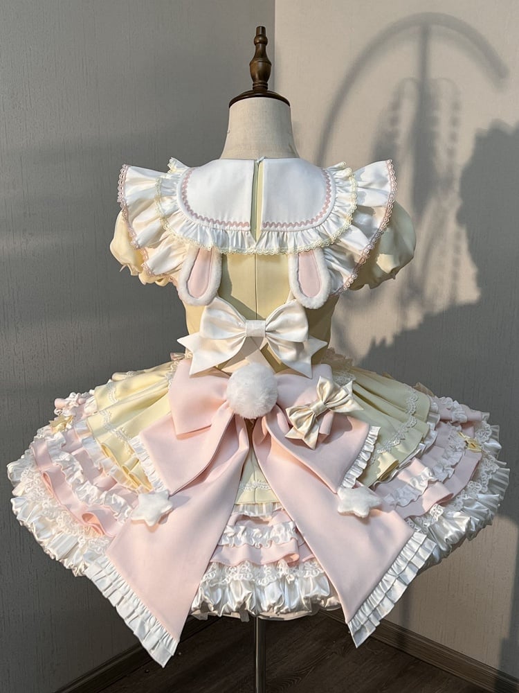Theme Pink Yellow and Sleeves Puff Lolita Maid Sweet Bunny Dress