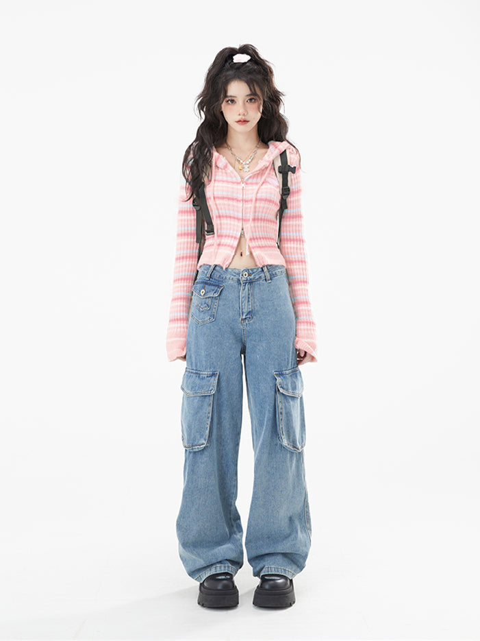 Black Pattern Stripe Hooded Cardigan / Pink