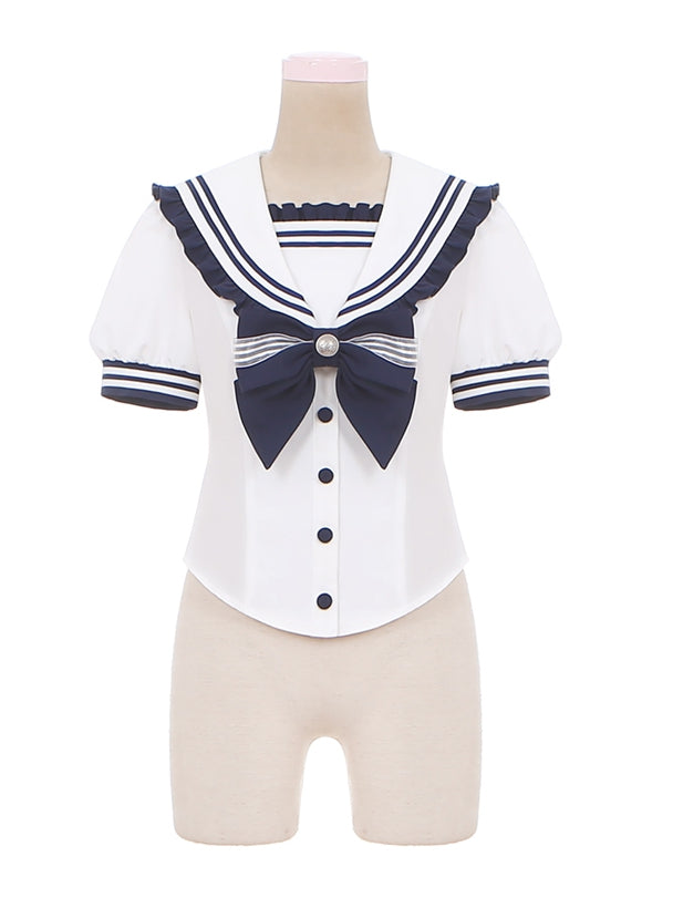 Sweet Lolita Blouse Accent Blue Bow Sailor Collar Navy Ruffled