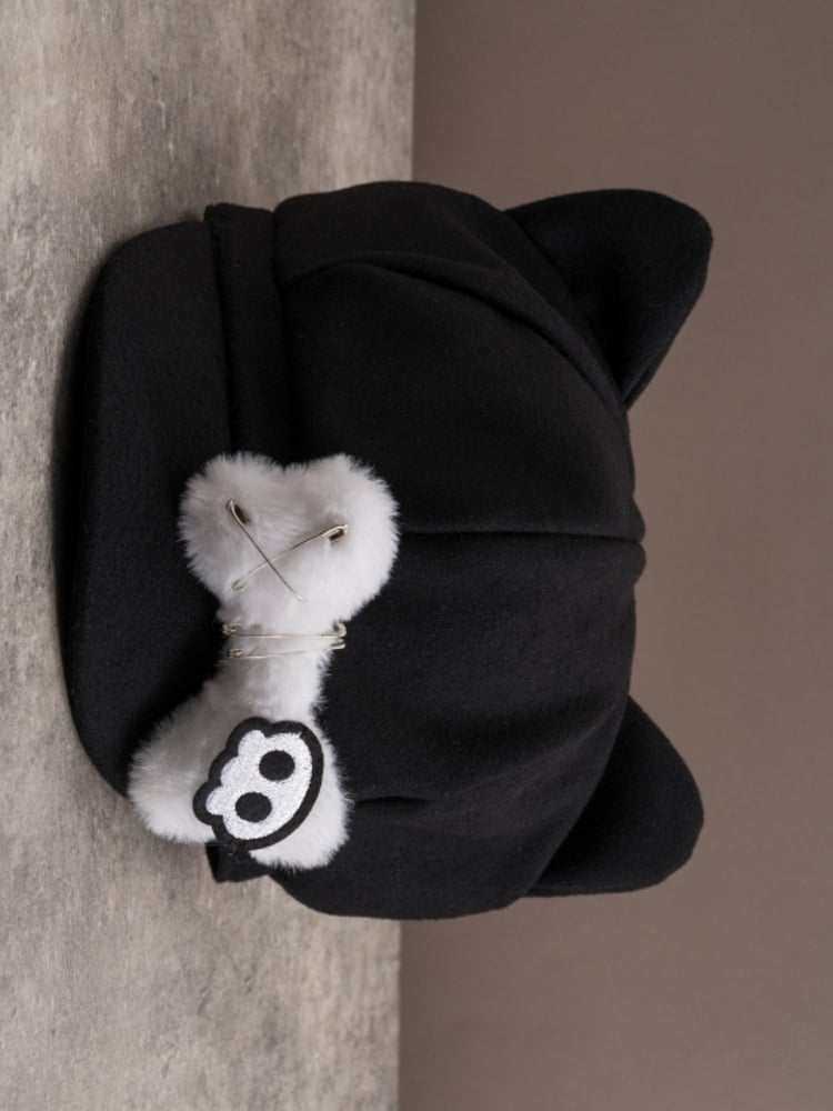 Applikation Baskenmütze Knochen Pin Katze Hut Plüsch Skelett Design verziert Ohr Gothic schwarz