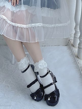 Schwarze Lolita Mary Janes mit Schleife, Herzschnalle und Spitzen-Blockabsatz