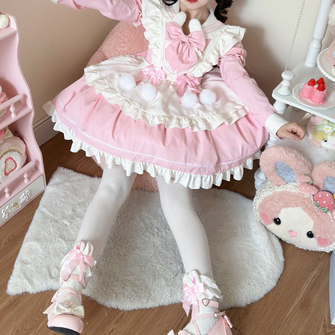 Ears Sleeves Short Sailor Apron Lolita Dress Pink Maid Bunny White with Collar