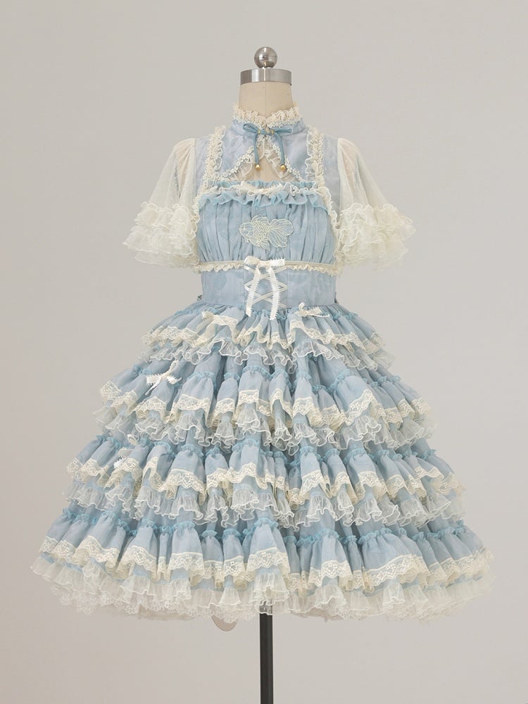 Lace with Lolita Details Embroidery and Tiered Goldfish Dress Sweet Ruffles Blue