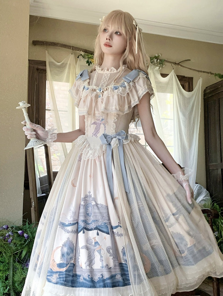 Edward Basque Lolita Print Kleid Klassischer Hals Elegantes Engelsstück Taille Eins