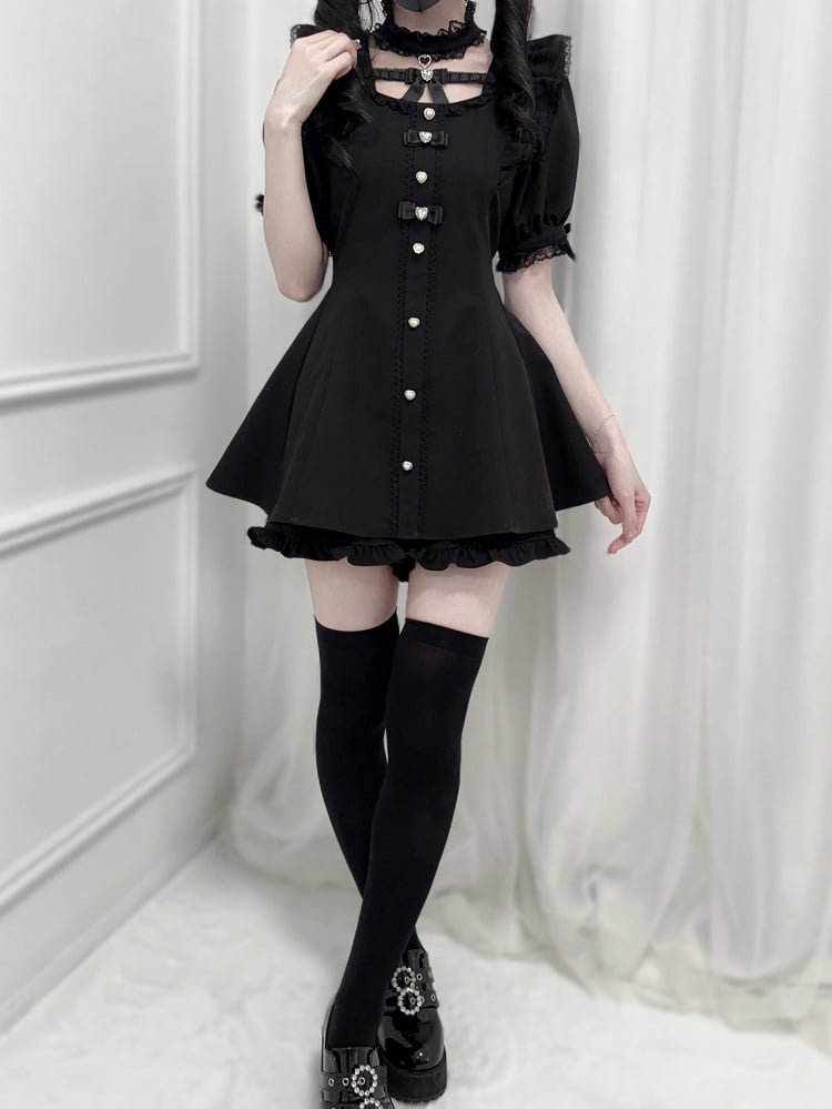 - Flutter Sleeves Self-tie Bow Back Mini Dress + Shorts Black + Set Jirai Kei Choker