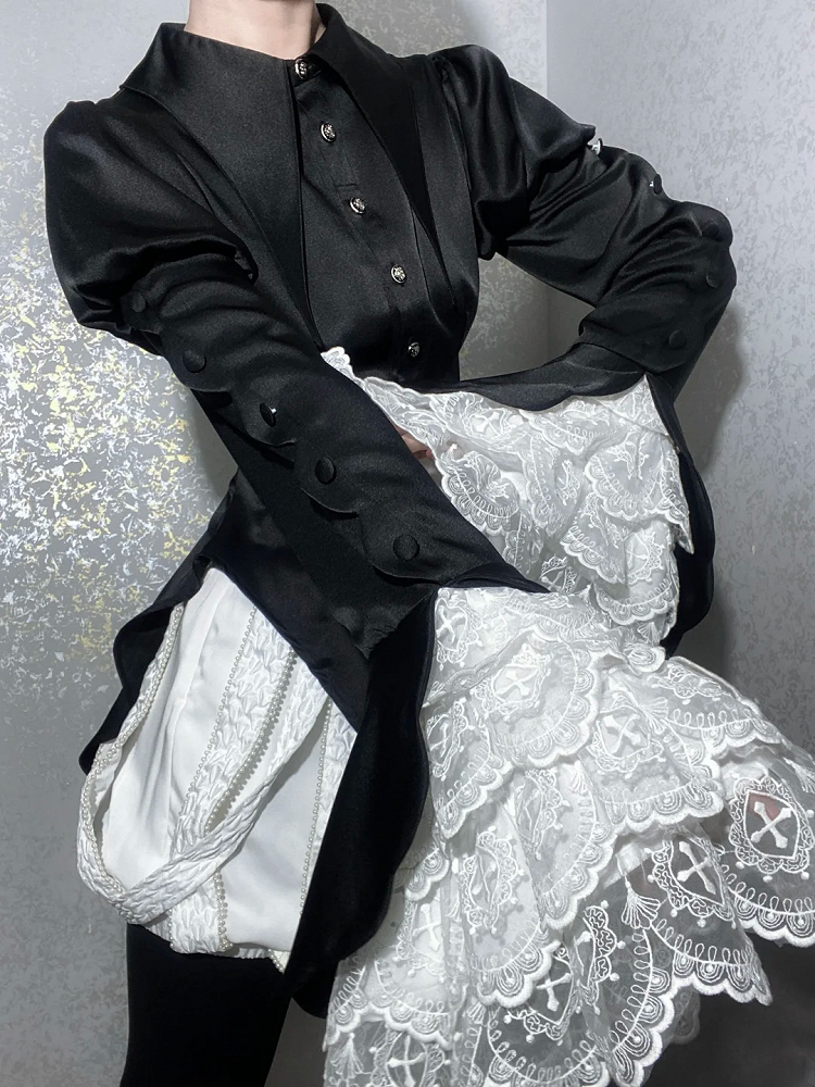 Tail Long Shirt Pointed Collar Gothic Foldover Ouji Sleeves Lolita Black