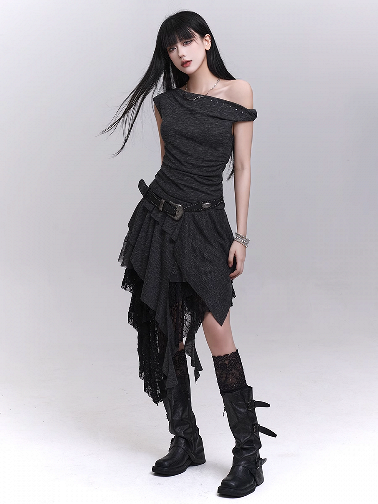 Buckle Studded Asymmetrical Neckline Cascading Ruffles Belt with Dress
