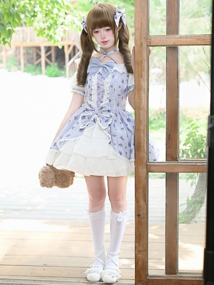 Neck Purple Hydrangea Print Open Shoulder Halter Light OP Sweet Lolita Dress