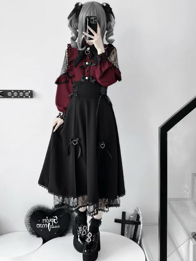 Bowknot Kei verziert mit roten Perlen Jirai Details Trim Wein Bluse Rüschen und Strass