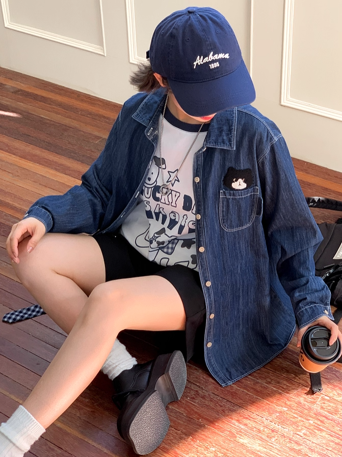 Kitty Dark Blue Faded Wash Denim Shirt Cute Embroidery