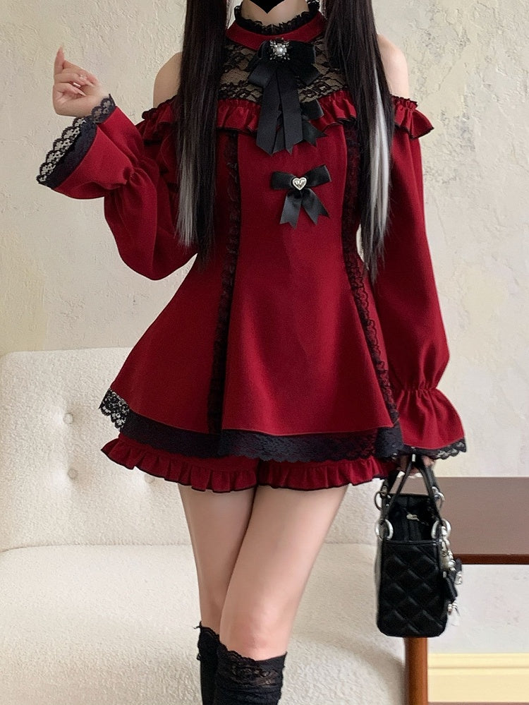 Saum Jirai Kei Schwarzes Set Shorts mit Mini-Ausschnitt Cutout Schulter Illusion Rock Kleid Rot Rüschen