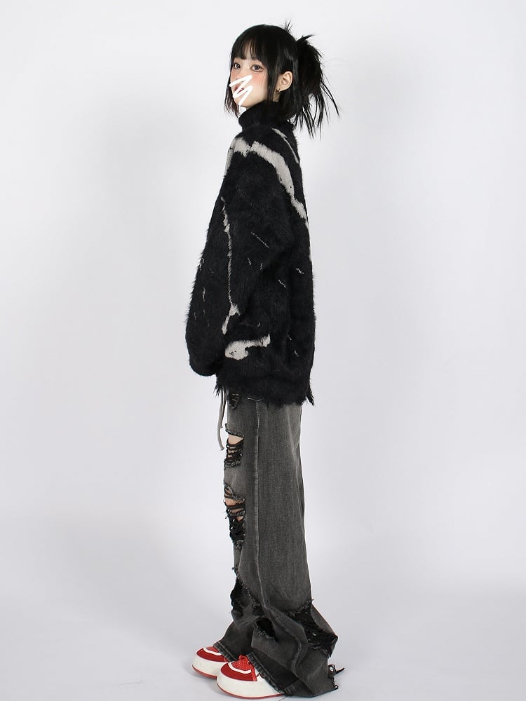 Vintage Dark Aesthetic Turtle Neck Sweater with Lace-Up Design