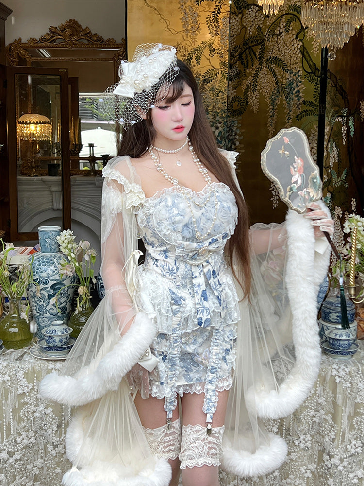 Porcelain + Corset Blue Neckline Rococo Outfit Chinoiserie White Skort Sweetheart and Top