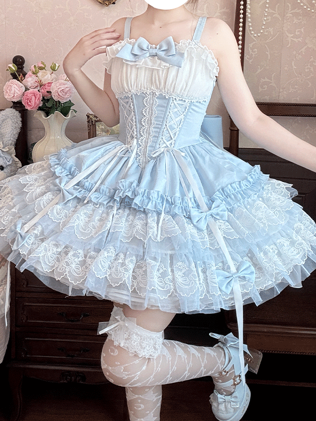 Mehrlagiger großer Balletcore-Schnürrock mit entbeinter Taille, süßer Lolita-Pullover, Schleppe, Schleifenrock, blau-weiß mit Saumspitze und