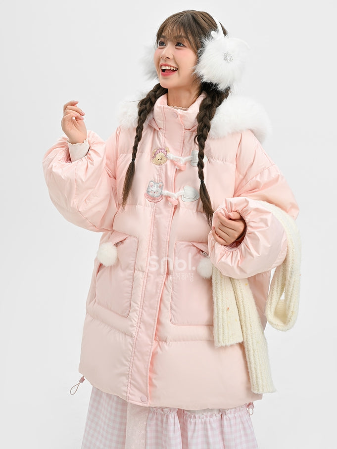 Pink Cute Bear and Kitty Plush Trim Hooded Down Coat
