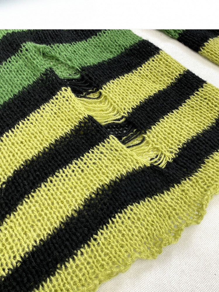 Pattern Y2K Green Cut-out Neckline Details Asymmetrical Sweater Striped
