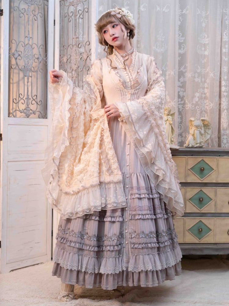 ユリの刺繍アップリケレイヤードヘムパープルクラシックロリータドレスフロントボタンプラケット