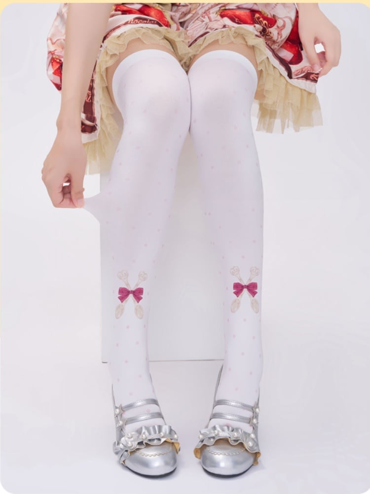White Polka-dot Spoon and Bow Pattern Over Knee Stockings