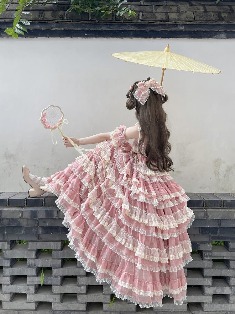 Sweet Dress Pink Adjustable Multi-Layered Ruffle with Lolita and Straps Goldfish Embroidery