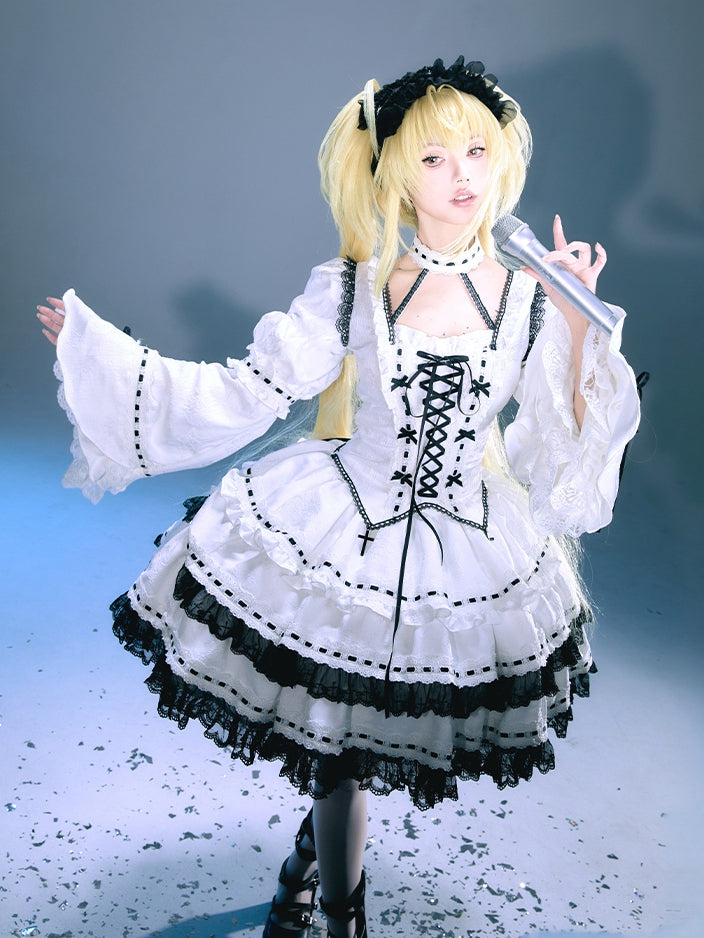 女の子の袖付きトップスとスカートの衣装、ロリータ、取り外し可能なファンアート、マジックファッション、パフゴシック+