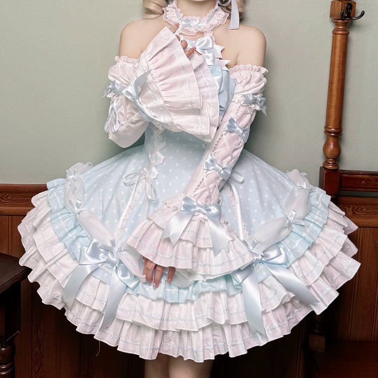 Gepunktetes blaues Lolita-Kleid mit altem Neckholder und Schulärmeln, vielseitiges Polka-Kleid mit Puffärmeln