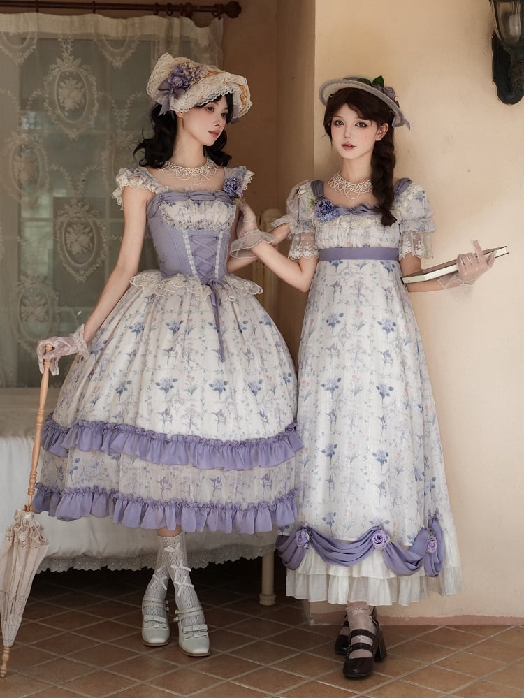 Print Floral Lolita Bodice Dress Skirt Jumper Classic Iris Corset Boned Purple