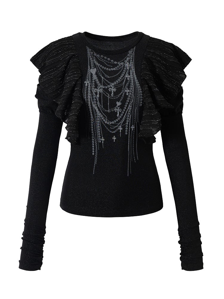 Chain Print Juliette Flutter with Black Gothic Overlays Top Punk Sleeve