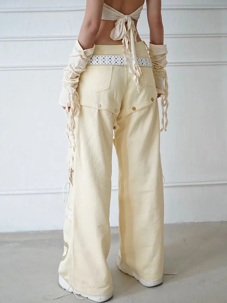 Cut Lace-up Beige Jeans Straight-leg Detachable Detail