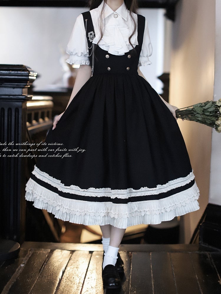 Preppy Style Black High Waist Overall Dress with Beige Lace Trim