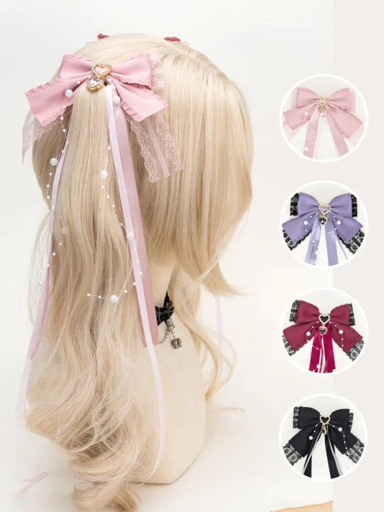 Rhinestones Details Clearance-Bead Heart Hairclip Pink Bowknot
