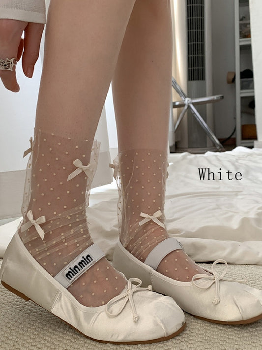 White/Black/Brown/Gray/Purple/Green Details Socks Pattern Bowknot Polka-dot Calf