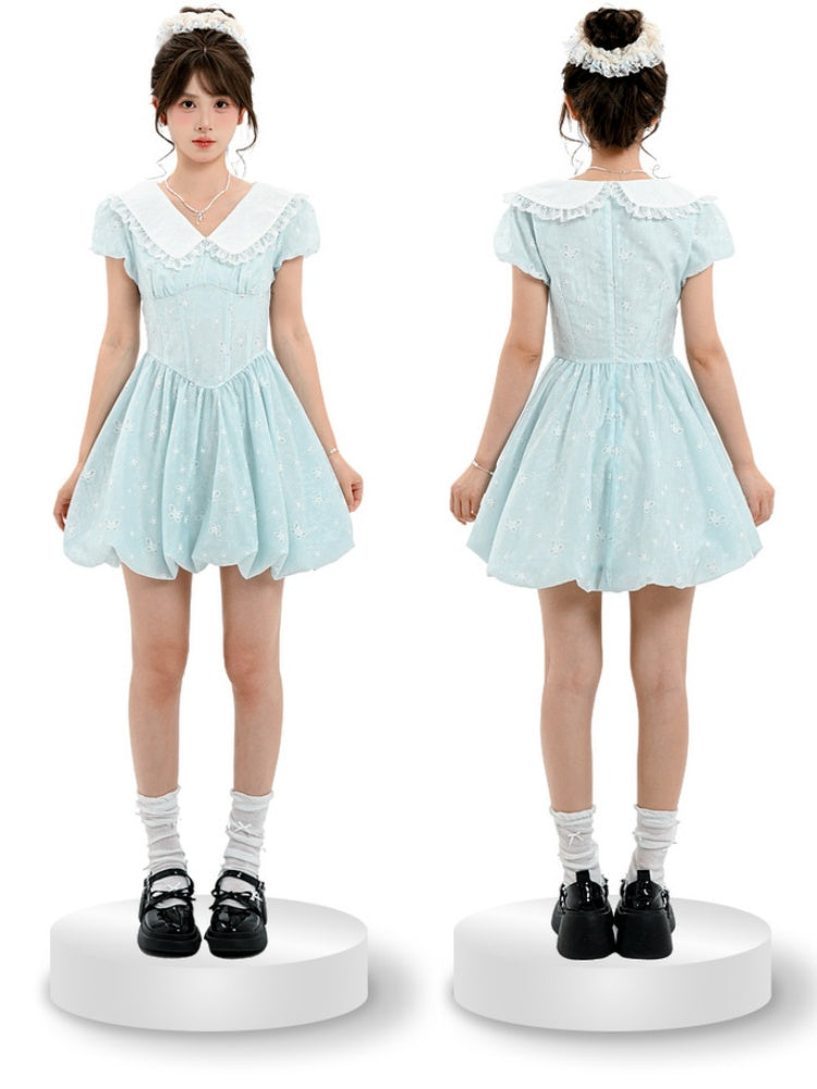 Bubble Blue Peter Pan Collar Basque Waist Allover Butterfly Embroidery Skirt Dress