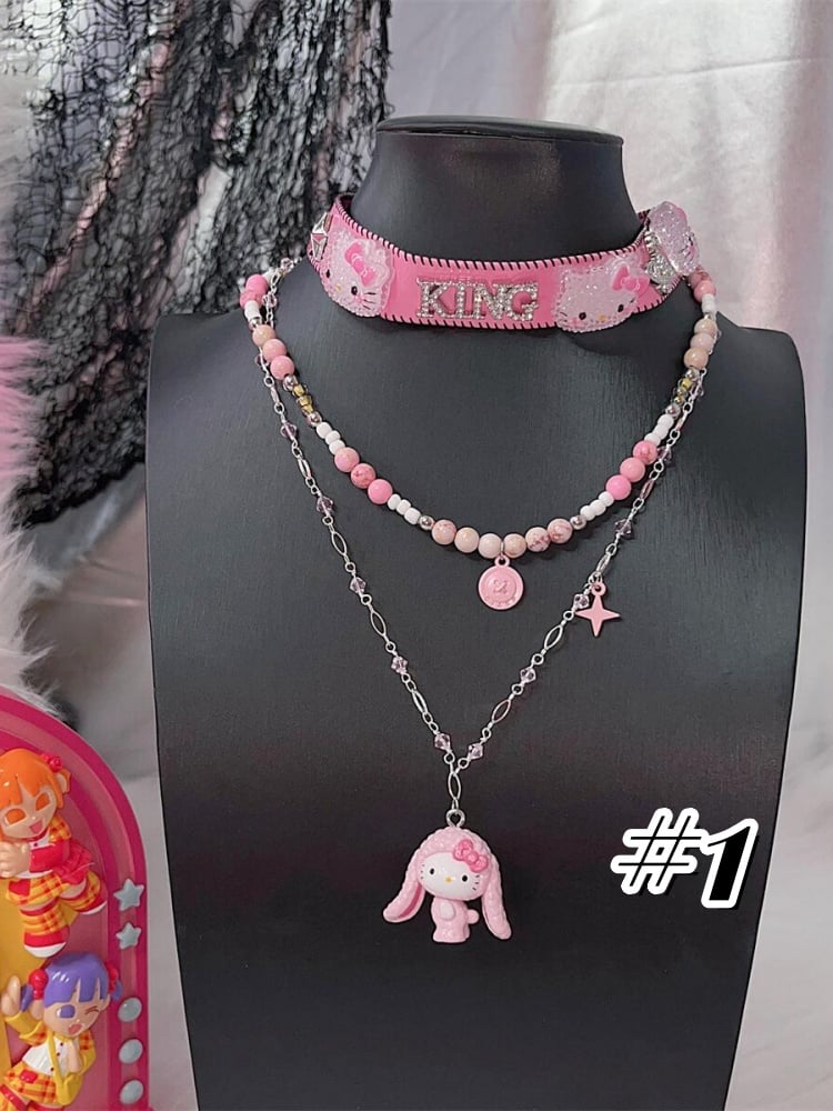 キティペンダント マルチレイヤー ピンクビーズネックレス