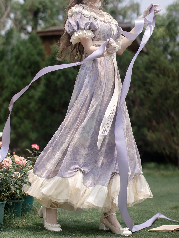 Classic Empire Maxi Piece Purple Lolita Oil One Elegant Waist Painting Dress Print