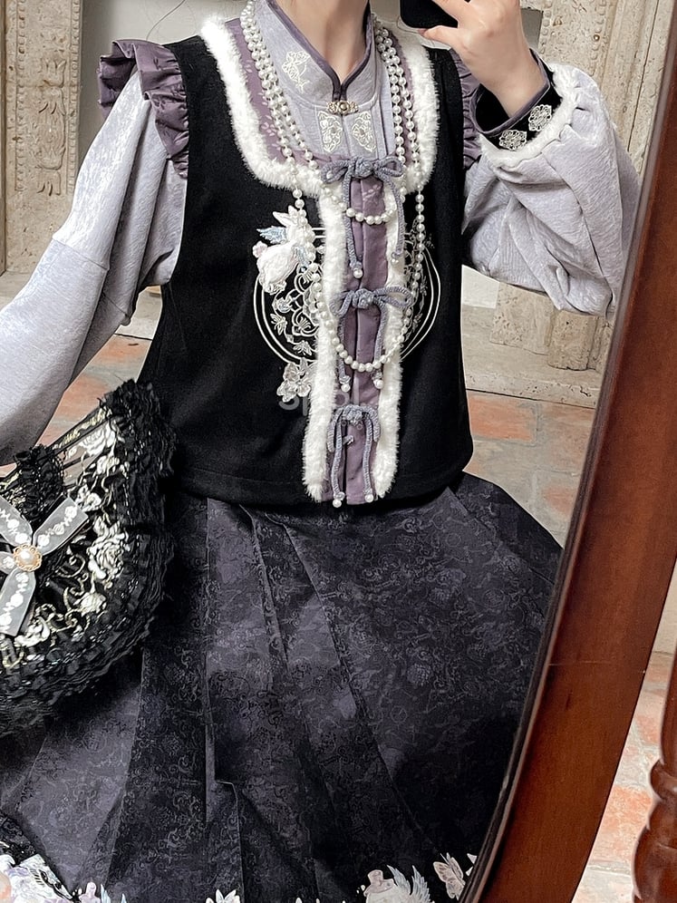 Grey Cheongsam Style Banded Collar Long Sleeves Top