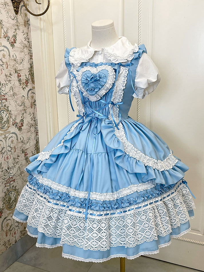 Blaues Mieder mit Herz, abnehmbar, gepolstert, Schulkleid, alter Lolita-Pulloverrock