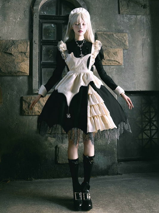 Schwarzes Lolita-Kleid mit geschwungenem Spinnennetz-Saum und beiger Schürze
