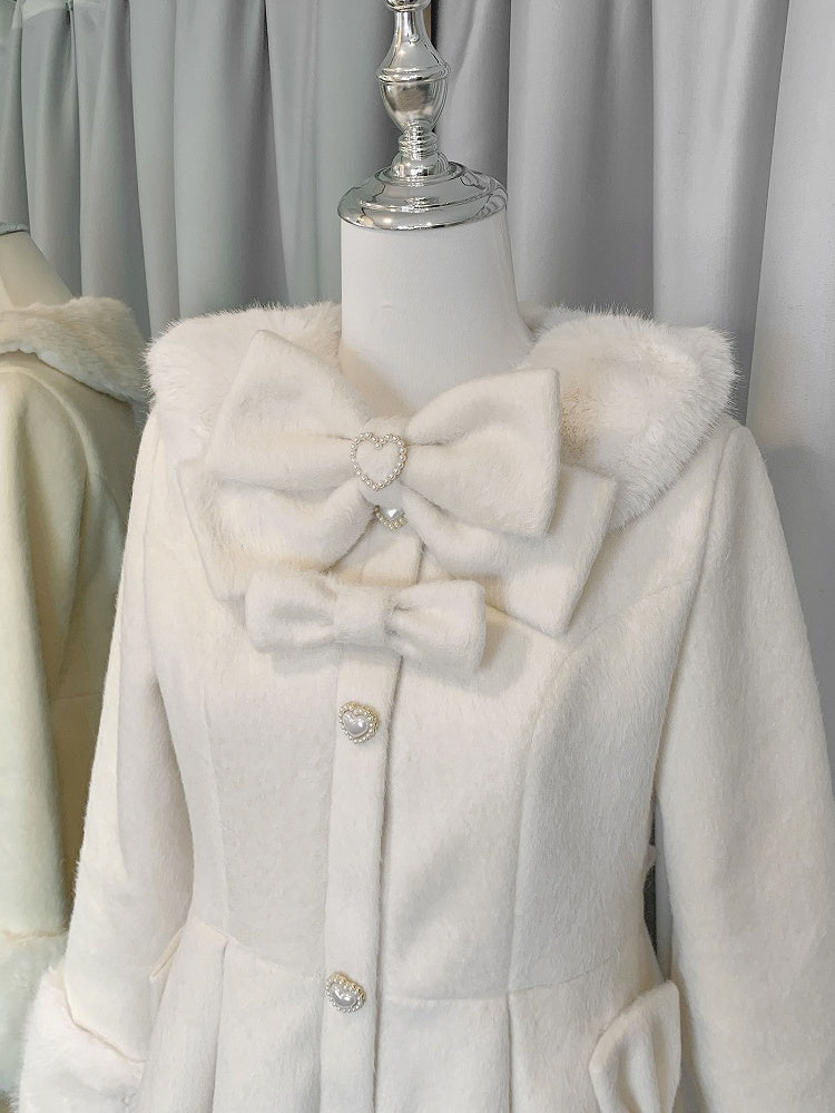 Bowknot Jirai Beige Kei Details Collar and Decorated Plush Cuffs Coat Beaded