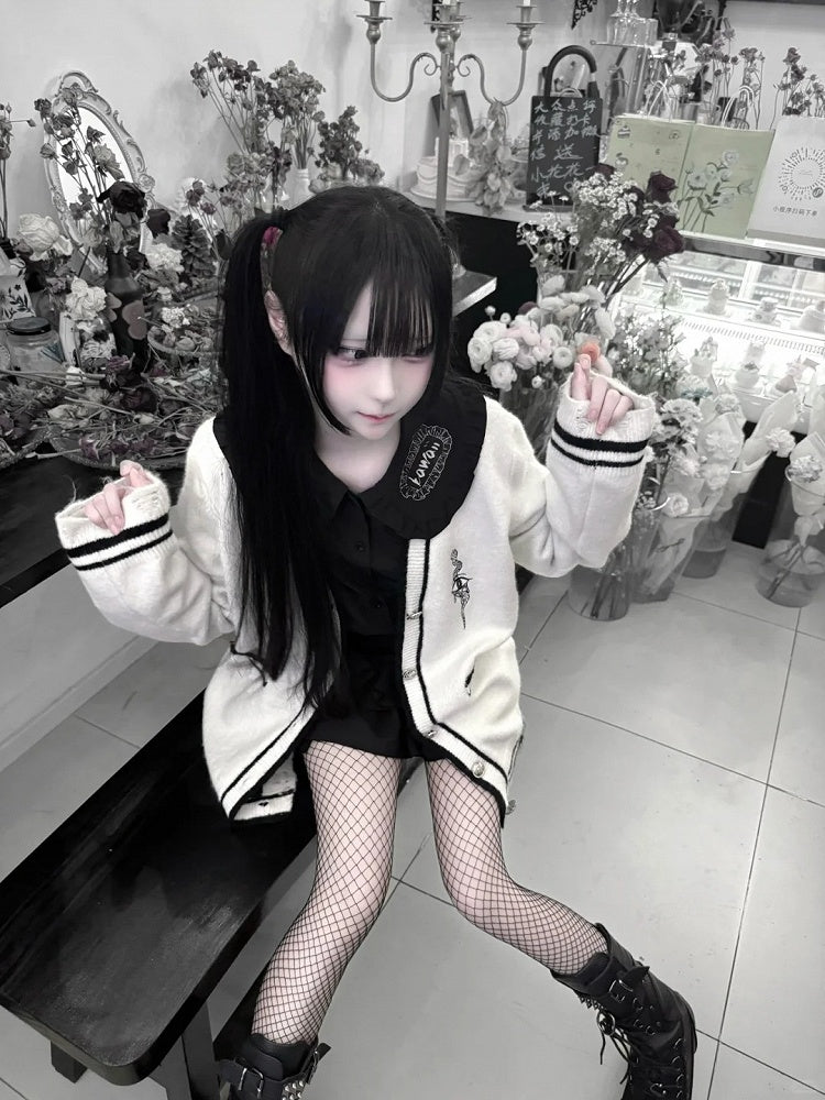 with Eye and Snake Embroidery Distressed Holes Knit Cardigan White