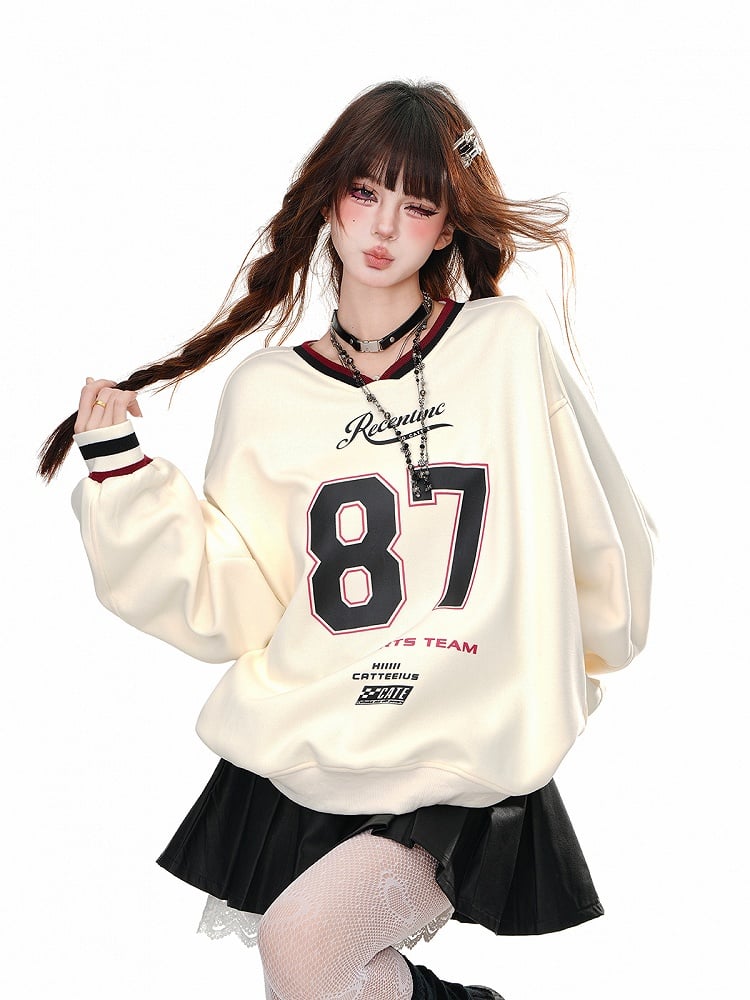 Apricot/Navy Blue V-Neck?Number Print Bittersweet Loose Sweatshirt